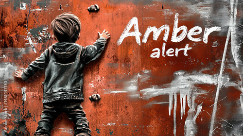 Amber alert painted on a textured wall with a young child reaching up.