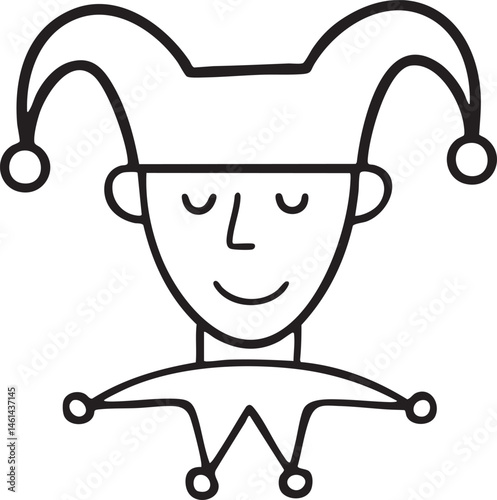 A minimalist drawing depicts a joyful jester with an upturned mouth and distinctive bells.