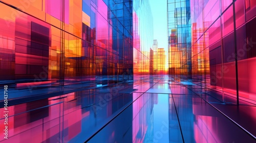 Vibrant city street with colorful glass skyscrapers reflecting sunlight.