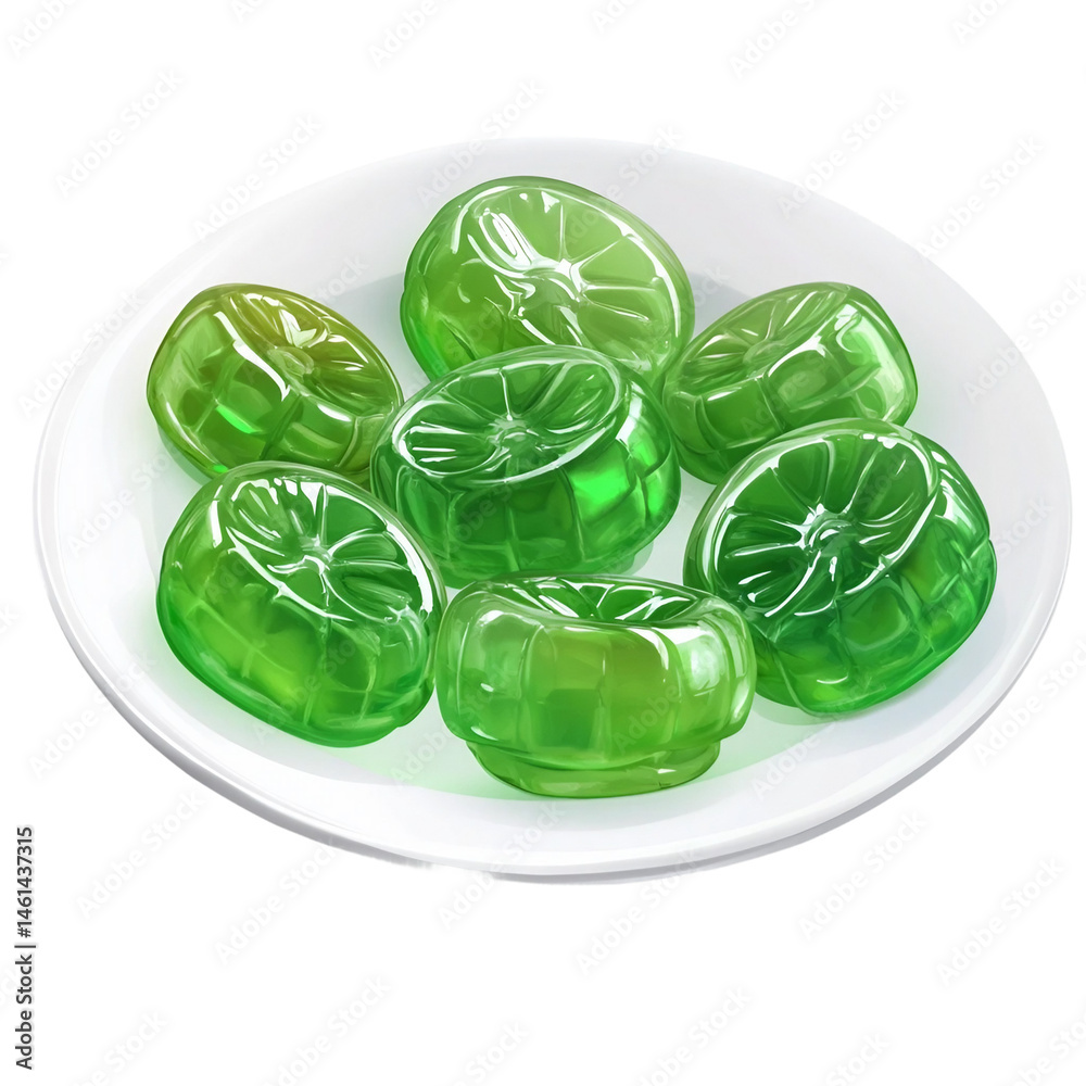 Obraz premium Green jellies in white plate isolated on white and transparent background.