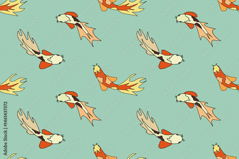 Seamless pattern with colorful Koi fish on a blue background. Summer sea background.