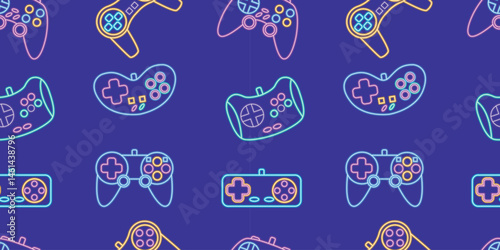 Vector neon glow game controller gamepad seamless pattern. Colored outline joystick element flat style on night dark background. Gamer device background