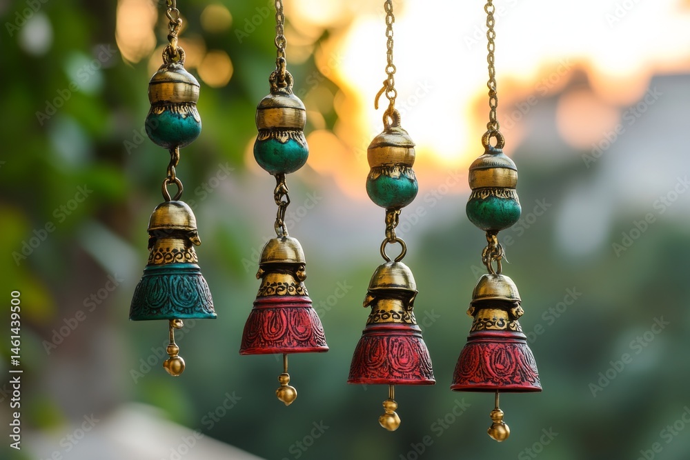 Obraz premium Ornate Decorative Bells Hanging Outdoors Teal and Red Boho Decor Indian Craftsmanship