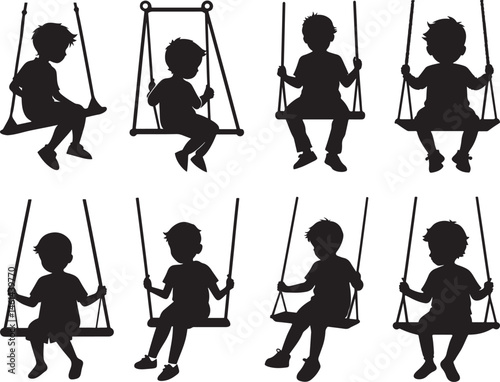 set of little boy sitting on swing silhouette, black and white silhouette, vector and illustration