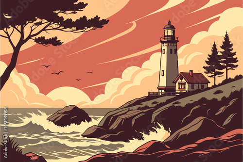 79 Lighthouse at sunset, rocky coastline, crashing waves, vibrant sky, dramatic clouds, sun on horizon, silhouetted trees, realistic digital painting, cinematic lighting, detailed seascape, warm color