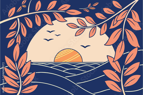 80 Stylized sunset over ocean waves, golden sun disk, blue and orange leaves framing the scene, gradient sky, minimalist design, vibrant colors, serene atmosphere, digital illustration, vector art sty