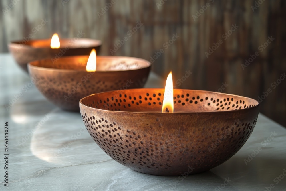 Tranquil Copper Candle Holders with Burning Candles Ambient Lighting Spa Like Atmosphere Tranquil Copper Candle Holders with Burning Candles Ambient Lighting Spa Like Atmosphere