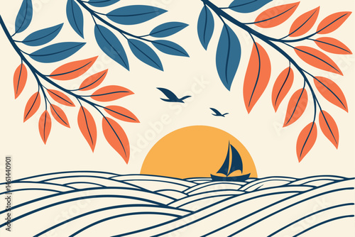 80 Stylized sunset over ocean waves, golden sun disk, blue and orange leaves framing the scene, gradient sky, minimalist design, vibrant colors, serene atmosphere, digital illustration, vector art sty