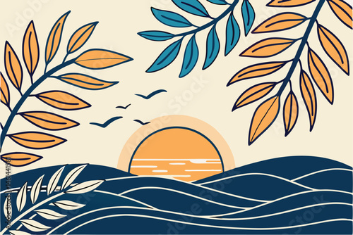 80 Stylized sunset over ocean waves, golden sun disk, blue and orange leaves framing the scene, gradient sky, minimalist design, vibrant colors, serene atmosphere, digital illustration, vector art sty