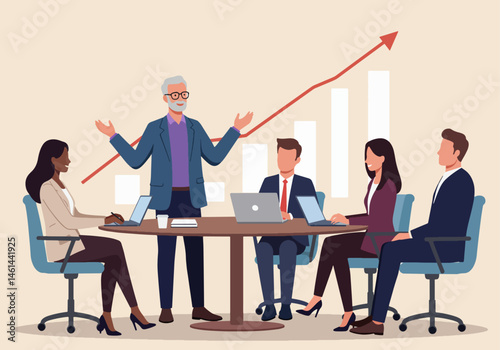 Illustration of a business team engaged in discussion during a professional meeting. A speaker presents financial growth charts, emphasizing teamwork, analysis