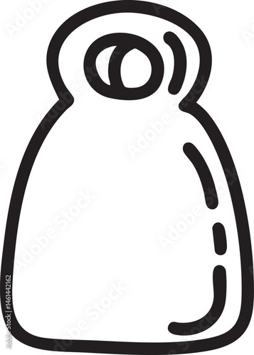 A simple stylized figure stands upright with a rounded head and a small appendage.