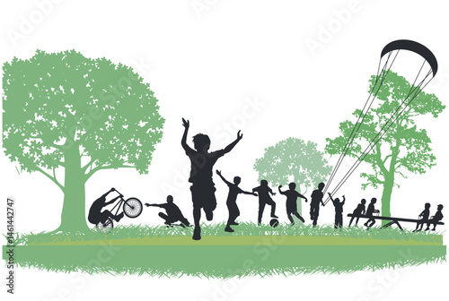 Vergnügen und Freude auf dem Spielplatz mit einer Kinder-Gruppe, Illustration..eps