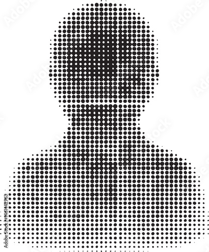 A stylized human silhouette is formed by numerous overlapping black and white dots.