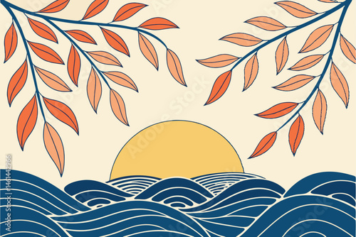80 Stylized sunset over ocean waves, golden sun disk, blue and orange leaves framing the scene, gradient sky, minimalist design, vibrant colors, serene atmosphere, digital illustration, vector art sty