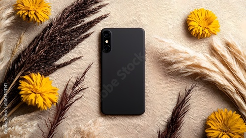 Black Smartphone on Beige Linen with Yellow Flowers and Dried Pampas Grass