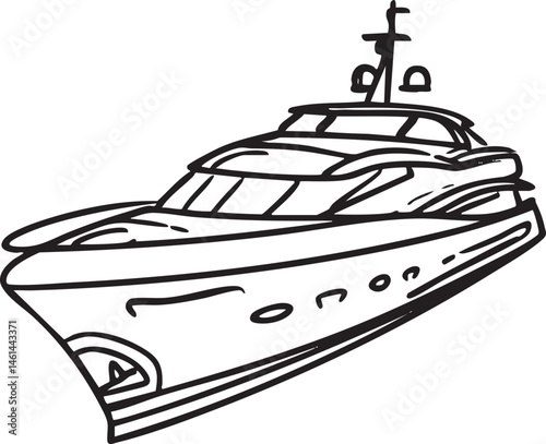 A sleek black yacht glides across a calm blue surface.