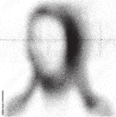 A grayscale portrait showcases a blurred human face created with numerous tiny dots.