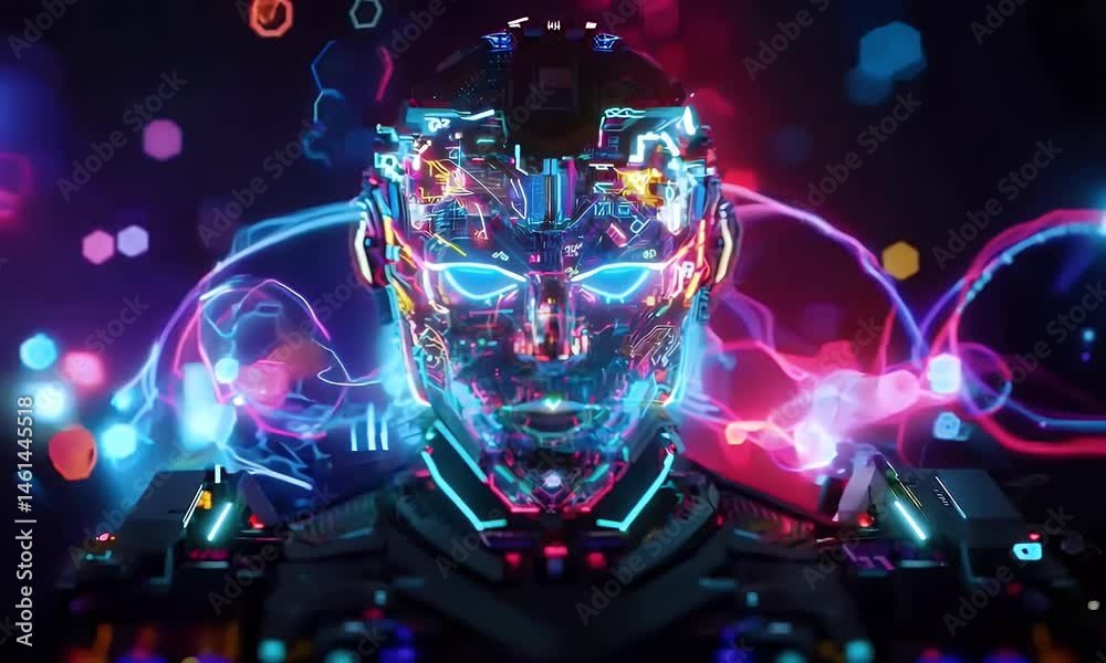 Technology background featuring a robotic face with digital patterns and cybernetic enhancements Technology background featuring a robotic face with digital patterns and cybernetic enhancements