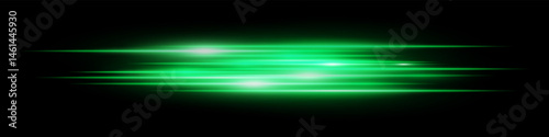 Green horizontal blur streaks with intense glow on black. Suitable for acceleration effect, fast movement visuals, spotlight transition, energy burst, futuristic theme and speed design.