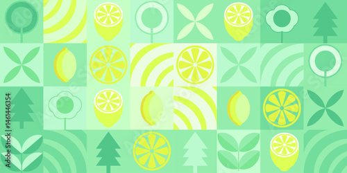 Lemon minimalistic geometric background. Vector abstract style pattern. Bauhaus trend. Abstract illustration of lemon, leaves, symbols. Simple icon.	
