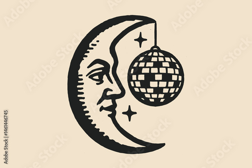 crescent moon with disco ball, vintage engraving icon style