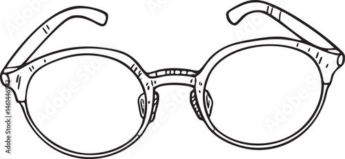 A detailed drawing showcases a pair of round eyeglasses.