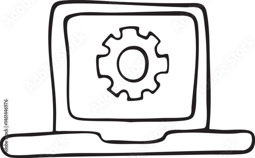 A simple laptop displays a stylized gear