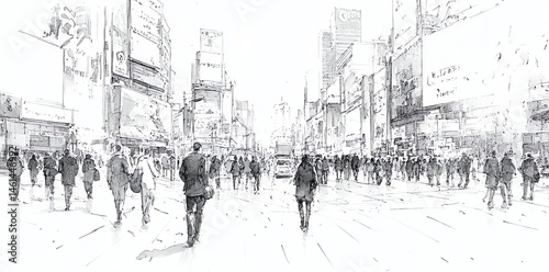City Street Crowd Sketch Black White