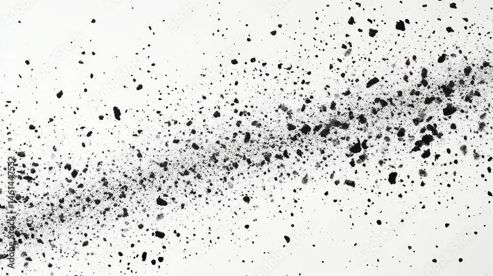 Abstract black particles scattered on white background, forming a diagonal streak. Abstract black particles scattered on white background, forming a diagonal streak.