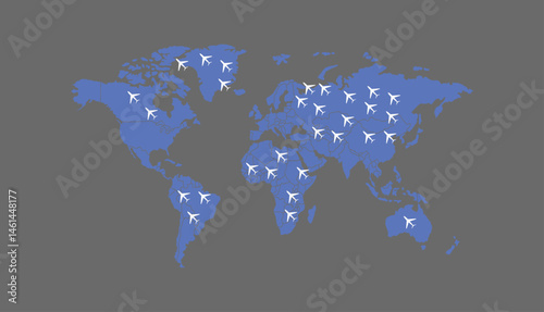 world map, flying white airplanes routes vector illustration