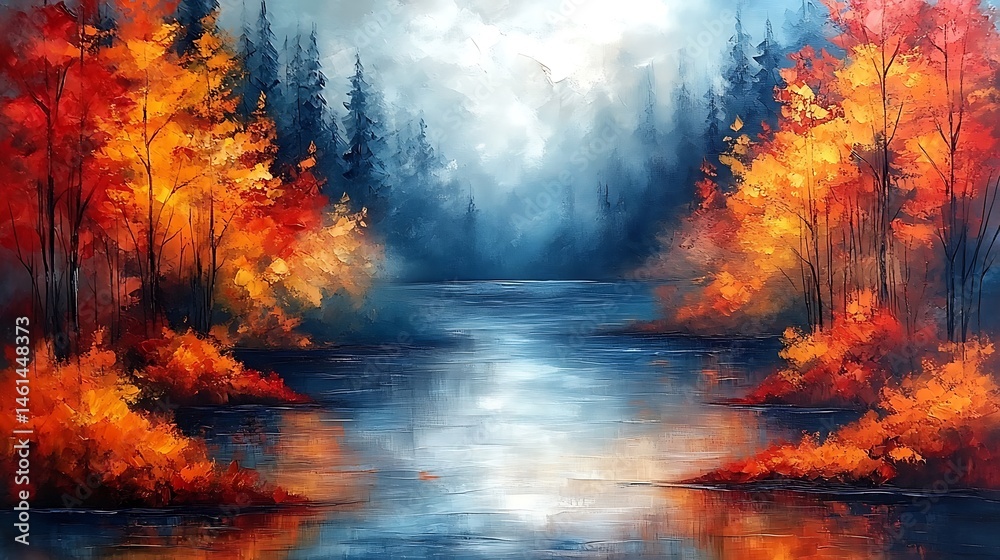 Fototapeta premium Autumnal forest scene by a serene lake.