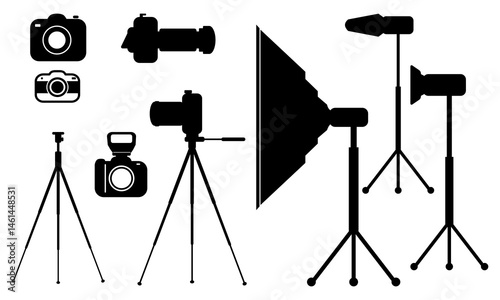 Set of photo studio equipment vector. camera, tripod, flash, lens, Vector illustration design