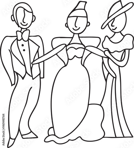 Three figures in formal attire dance gracefully.