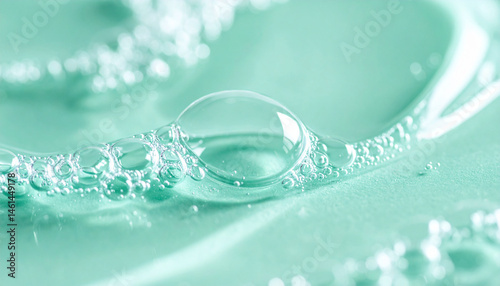 Close-up of delicate bubbles on a smooth, mint green surface