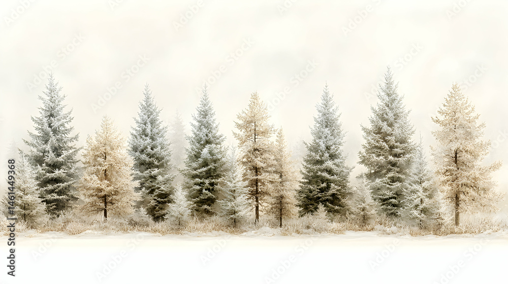 Fototapeta premium Winter forest scene, frosted trees in soft pastel colors