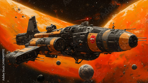 Wallpaper Mural A futuristic spacecraft, or freighter,  soaring through a fiery orange nebula Torontodigital.ca