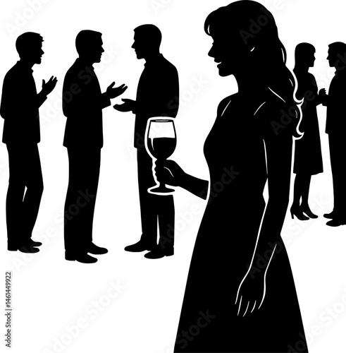 a girl stand in hall where the peoples talk with eachother and she wear a party dreass and carry a vine glass. in black and white silhouette in vector farm 