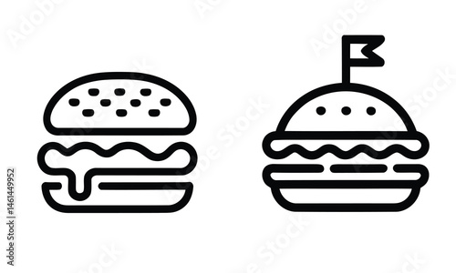 Minimal black and white burger icons with sesame seed buns and cheese, one featuring a small flag on top
