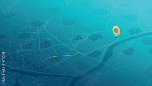 Map navigation. Route planning, Location tracking geolocation. Abstract city map with GPS pin. Isometric cityscape navigation. Urban streets with marked path. Vector illustration