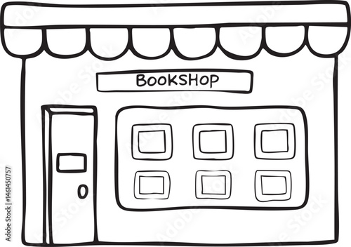 A simple storefront displays a bookstore name and window display.