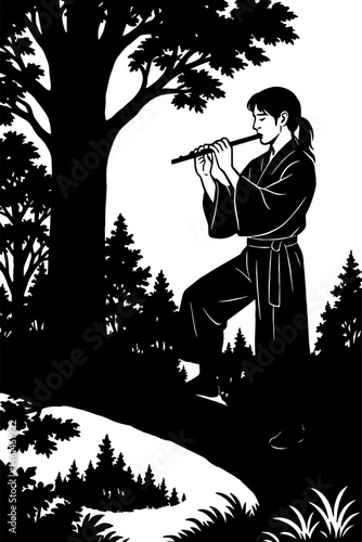 a boy stand in jungle and plying bansuri in black and white silhouette 