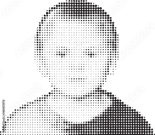 A black and white portrait utilizes a dotted to represent a human face.