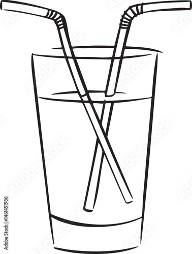 A glass of liquid is held upright with two straws crossed diagonally.