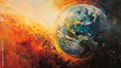 Abstract representation of Earth amidst a cosmic explosion, showcasing vibrant colors and swirling patterns