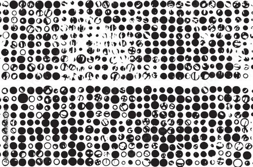 A dense field of overlapping white and black circles forms a dynamic abstract