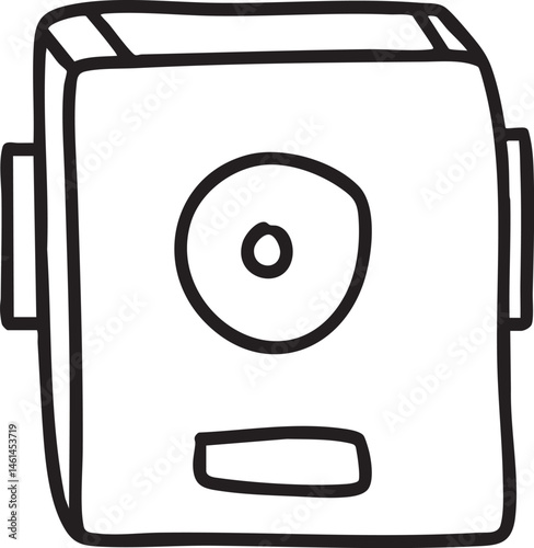 A simple outlined digital camera with a central lens and a button.