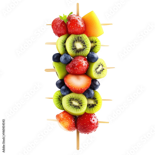 Colorful fruit skewers with strawberries, kiwi, blueberries, and mango