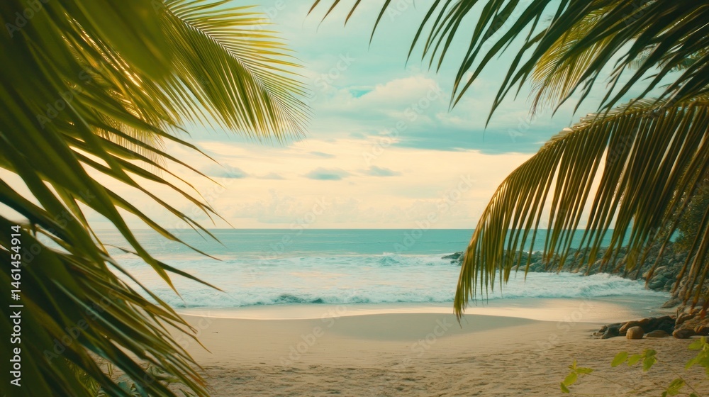 Fototapeta premium Tropical beach framed by palm leaves