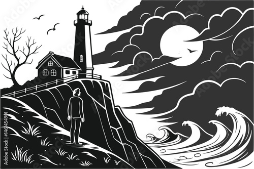 85 Silhouette art, lighthouse on rocky cliff, crashing waves, full moon, mysterious figure on cliff edge, stormy sea, dramatic black and white contrast, eerie atmosphere, coastal scene, stylized illus