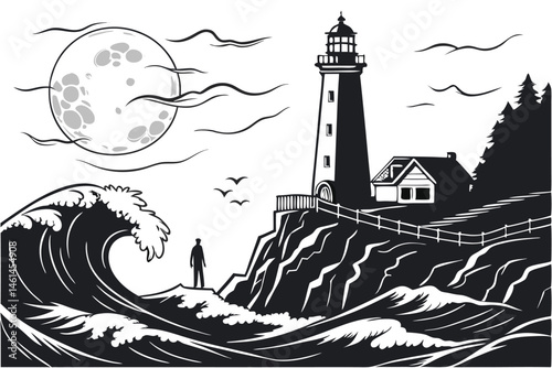 85 Silhouette art, lighthouse on rocky cliff, crashing waves, full moon, mysterious figure on cliff edge, stormy sea, dramatic black and white contrast, eerie atmosphere, coastal scene, stylized illus